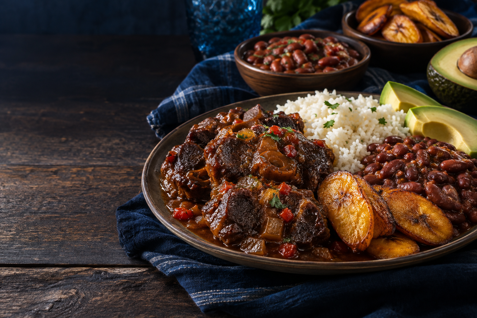 Dominican oxtail with rice, beans and sweet plantains