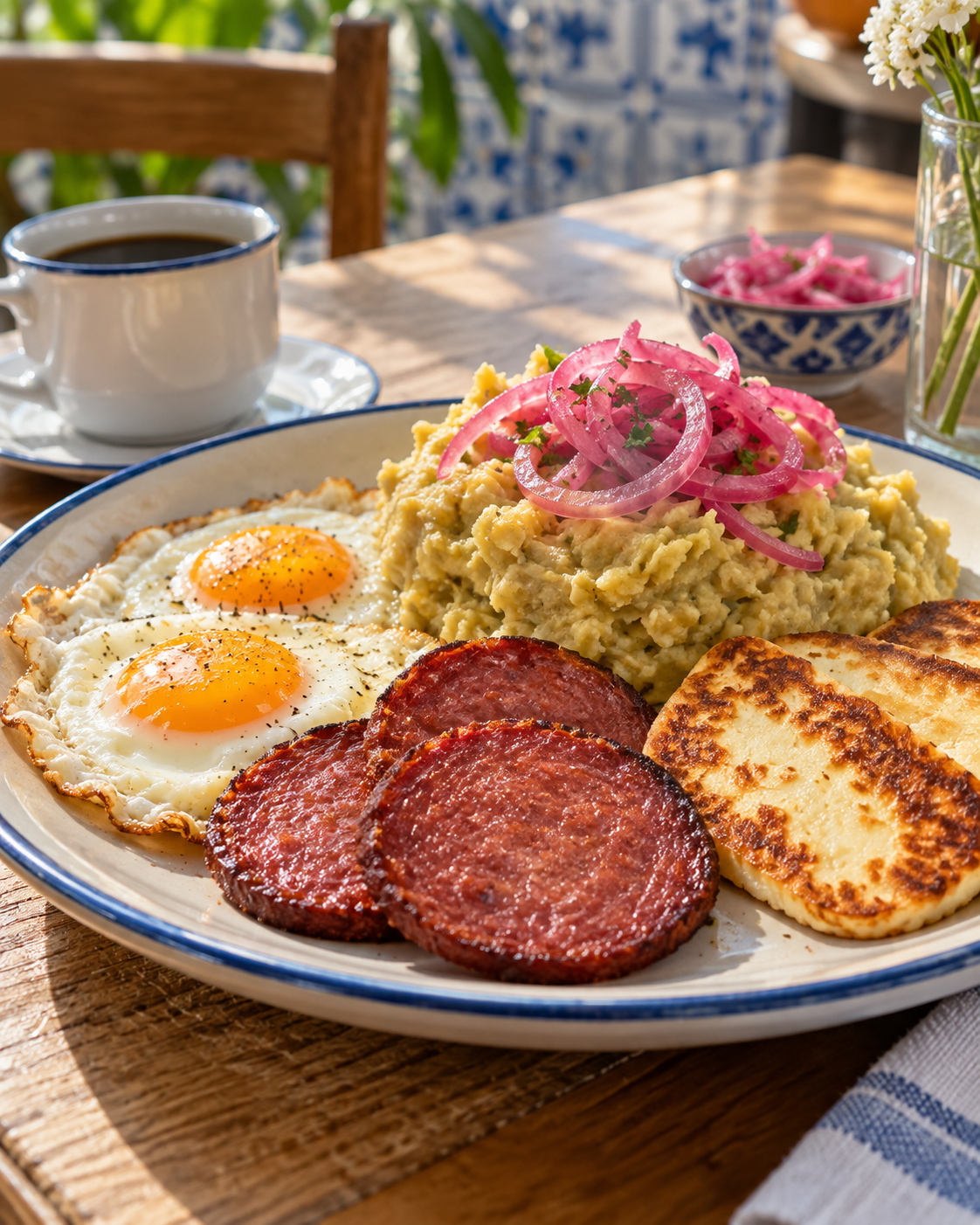 Mangú breakfast with eggs, salami and fried cheese