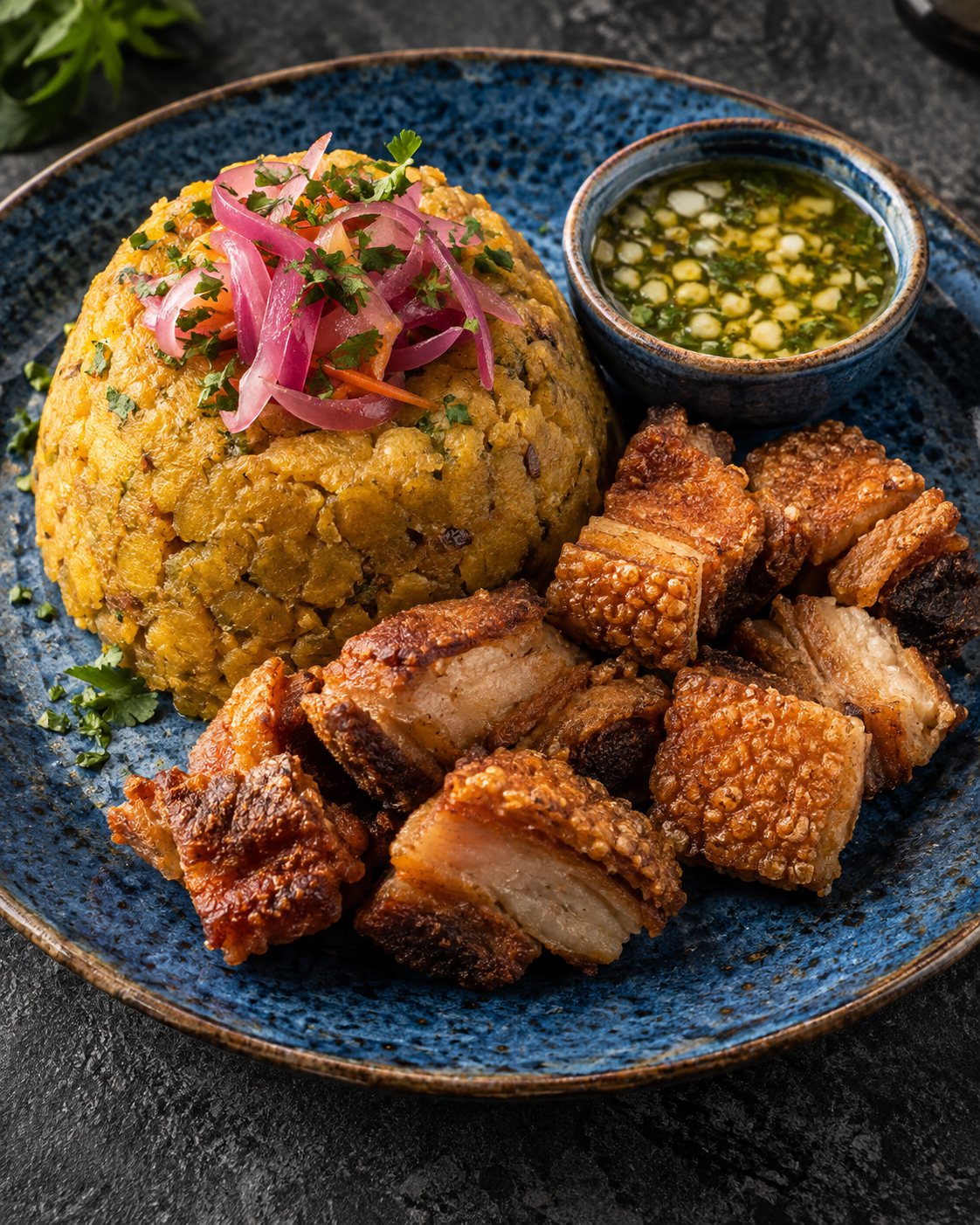 Mofongo with crispy pork and garlic sauce